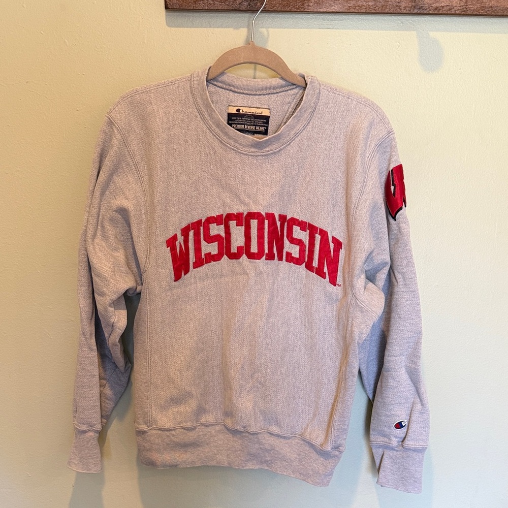 Vintage Champion Wisconsin Crewneck Sweatshirt in Gray and Red